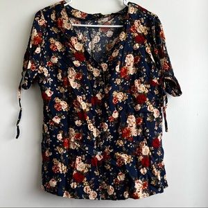Blue floral V neck blouse